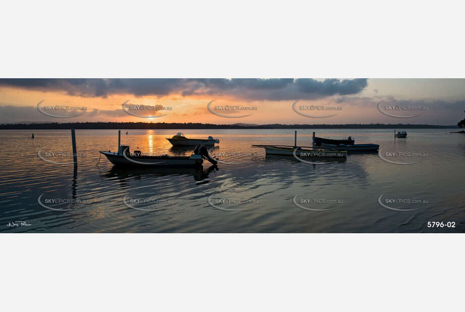 Sunset with Small Fishing Boats at Anchor Aerial Photography