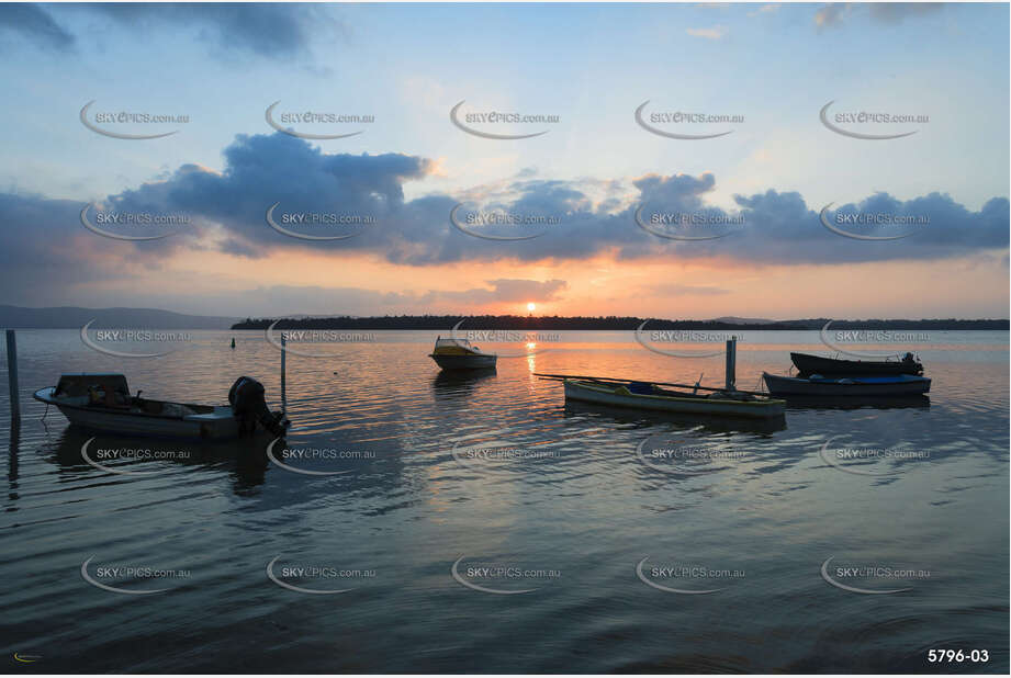 Sunset with Small Fishing Boats at Anchor Aerial Photography