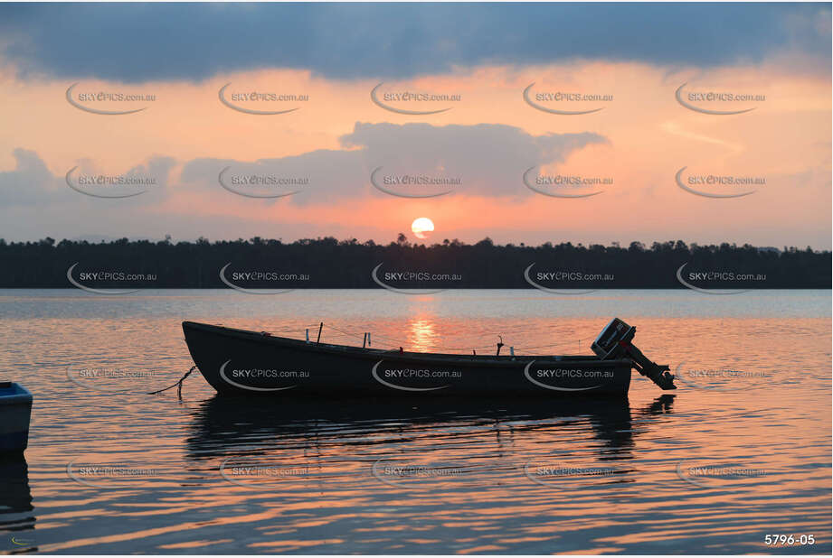Sunset with Small Fishing Boats at Anchor Aerial Photography